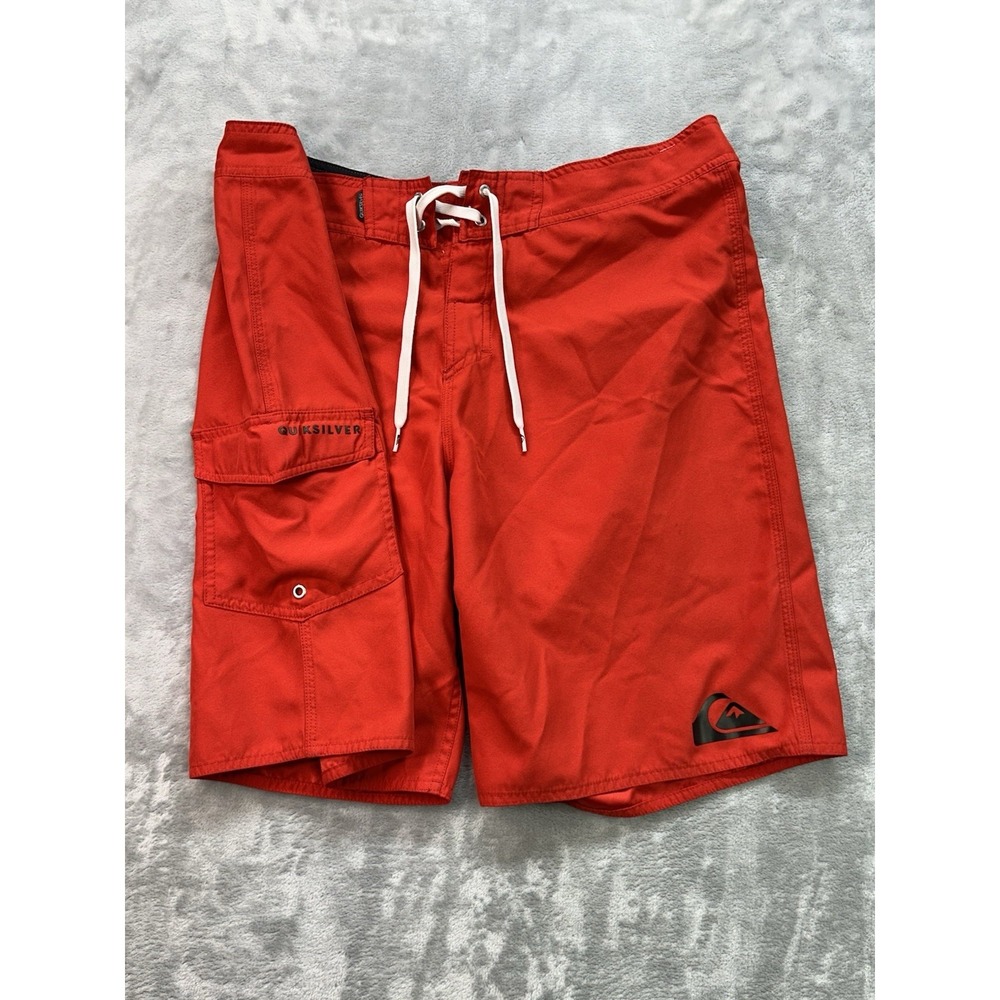 Quicksilver Board Shorts Swim Trunks Size 36 Red Black Relaxed Drawstring Surfer